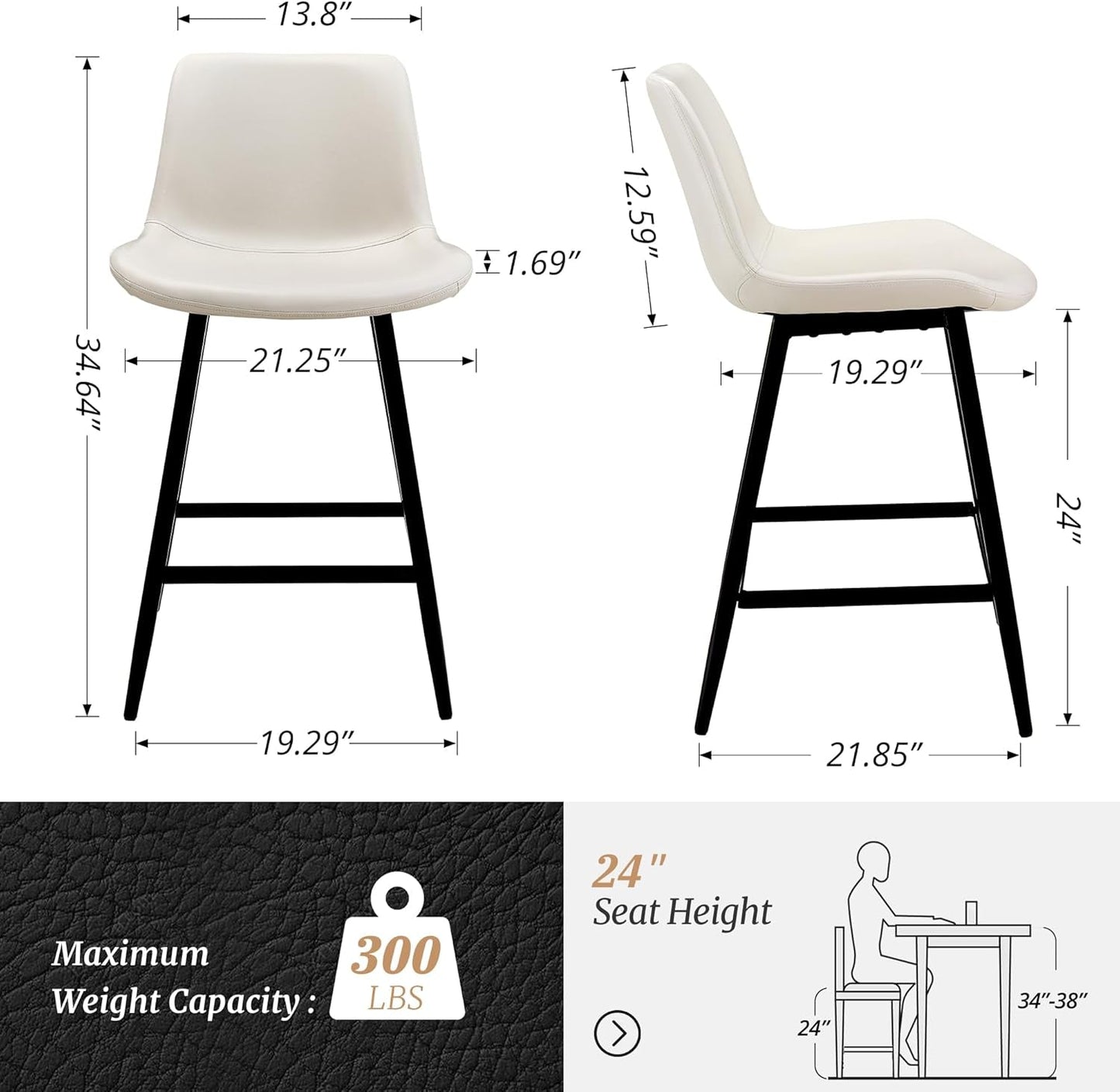 24 Inch Counter Stool, Modern Bucket Barstool Set of 3, Barstools with Back and Footrest, Faux Leather Bar Stools for Kitchen Island Restaurants, Antique White-1