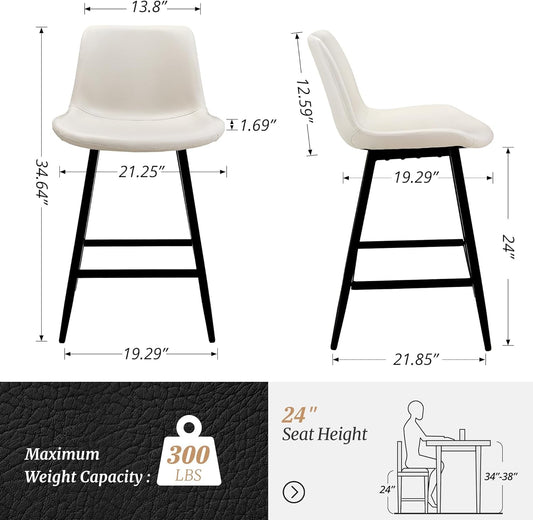 24 Inch Counter Stool, Modern Bucket Barstool Set of 3, Barstools with Back and Footrest, Faux Leather Bar Stools for Kitchen Island Restaurants, Antique White-1