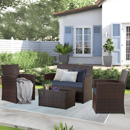 4 Piece Outdoor Furniture Set, Patio Wicker Sectional Sofa with Tempered Glass Coffee Table and Cushions, Rattan Conversation Set for Garden Backyard Balcony (Brown Rattan-Blue Cushion)-1