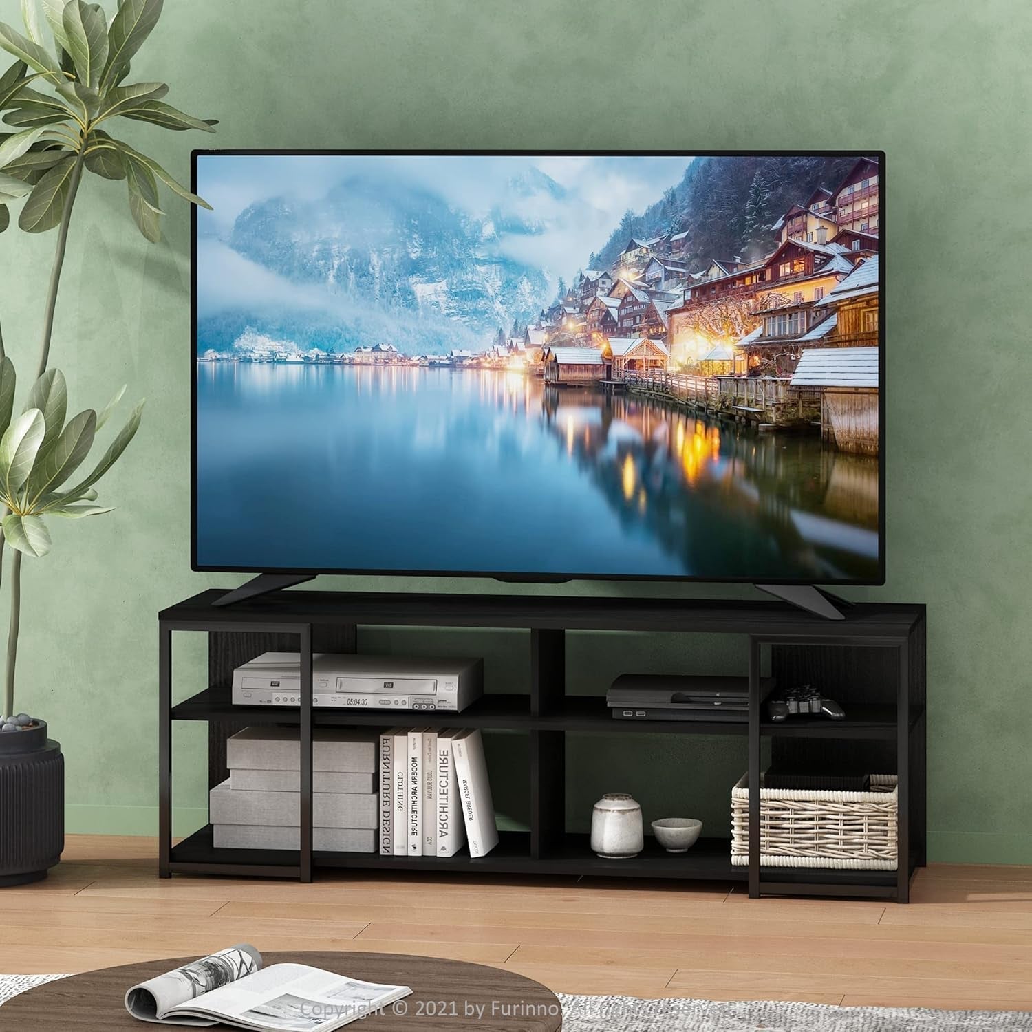 Furniture Entertainment Center Stand with Metal Frame Support for Tvs up to 65 Inch, 65-Inch, Americano/Black-2