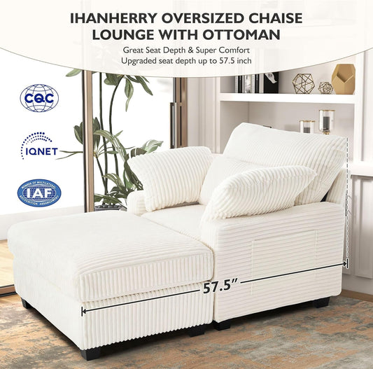 Chaise Lounge Chair Indoor with Ottoman, 57.52 "D Oversized Sleeper Chair, Corduroy Upholstered Comfy Sofa for Bedroom, Living Room, Office(Beige)-1