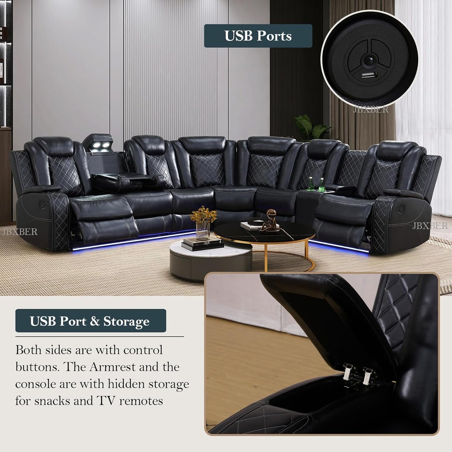 Power Recliner Sectional Sofa Set, Leather Sectional Sofa Sets for Living Room, Power Reclining Sectional Couch with Led Lights, Cup Holder, Wireless Charging, Hidden Storage, Black-3