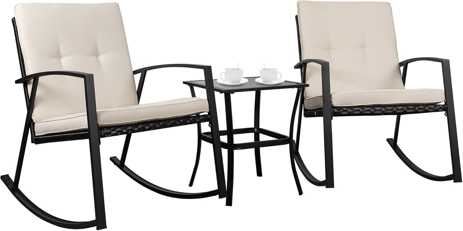 3 Pieces Rocking Bistro Set Wicker Patio Outdoor Furniture, 2 Rattan Porch Chairs Conversation Sets with Glass Coffee Table (Beige)-0