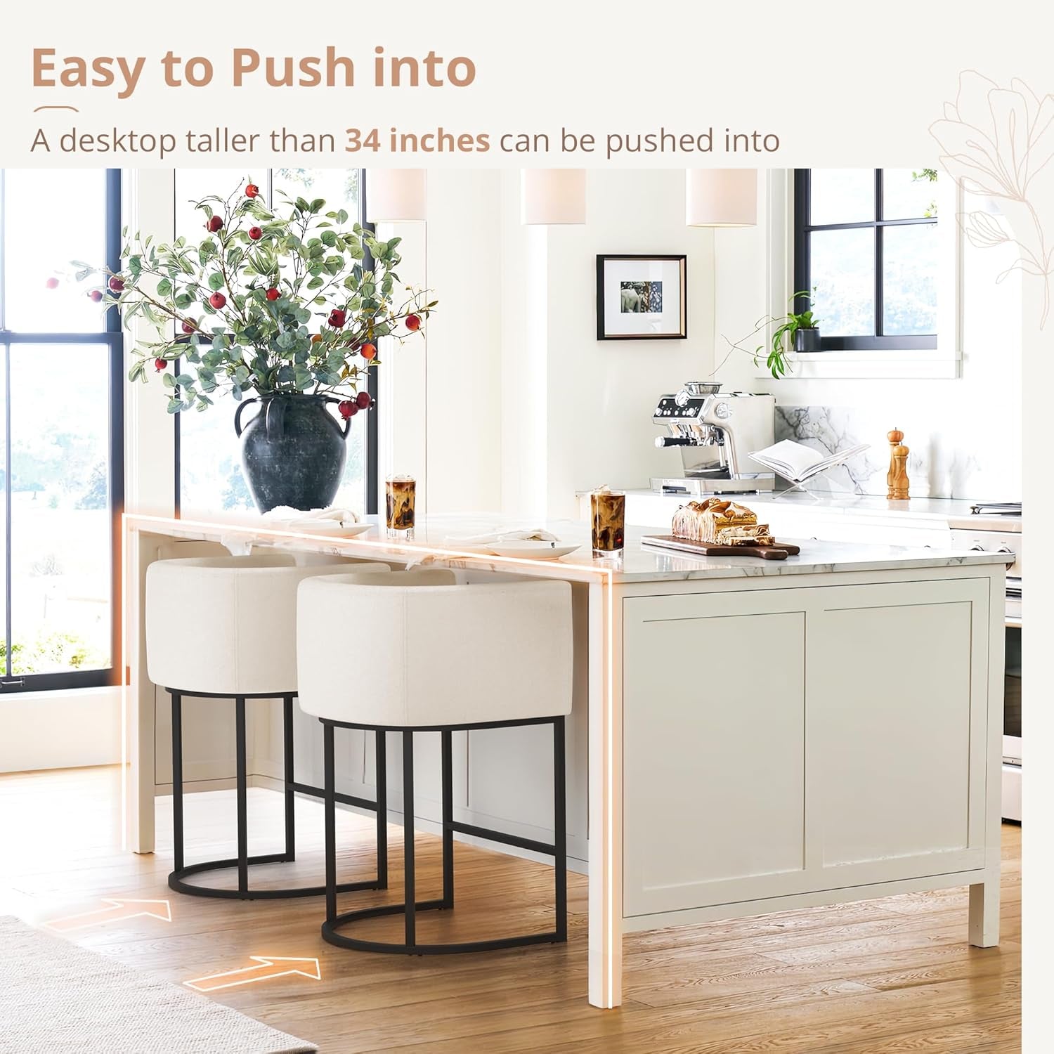 27" H Counter Height Bar Stools Set of 2, Modern Barrel Counter Stools with Backrest and Arms, Black Metal Frames, Linen Fabric Upholstered Accent Barstools for Kitchen Island, Beige-3