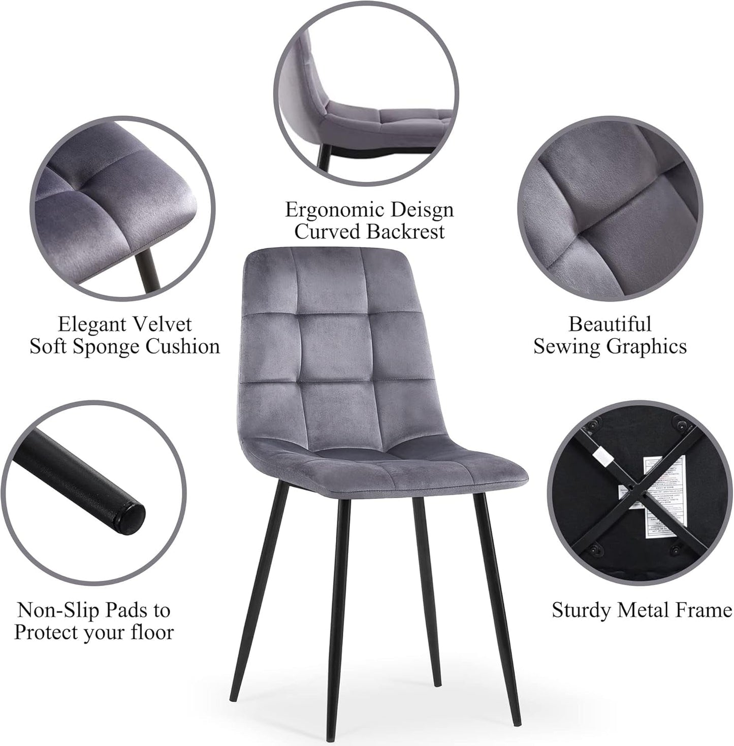 Grey Velvet Dinner Chairs Set of 4, Modern Armless Dining Side Chairs with Metal Legs for Kitchen Living Room Vanity-3