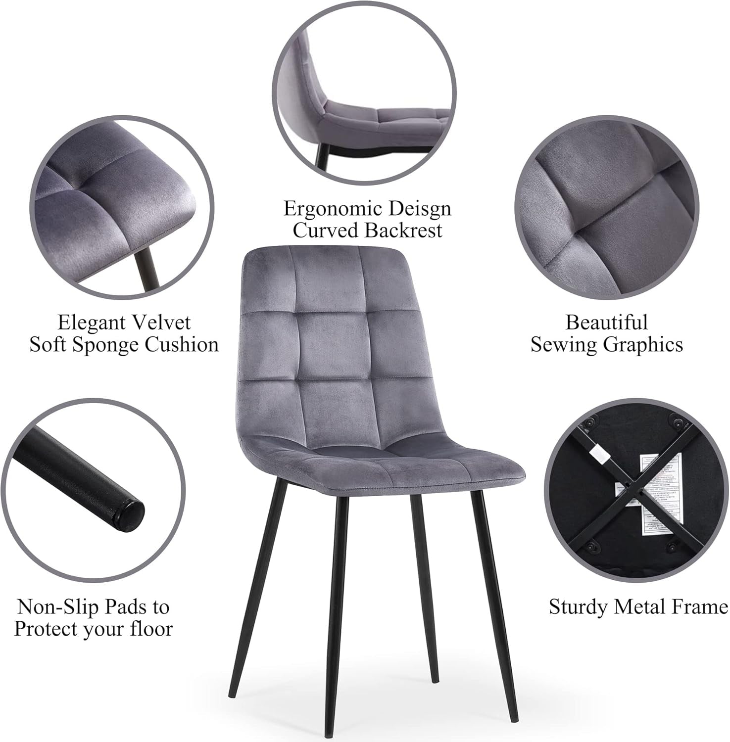 Grey Velvet Dinner Chairs Set of 4, Modern Armless Dining Side Chairs with Metal Legs for Kitchen Living Room Vanity-3