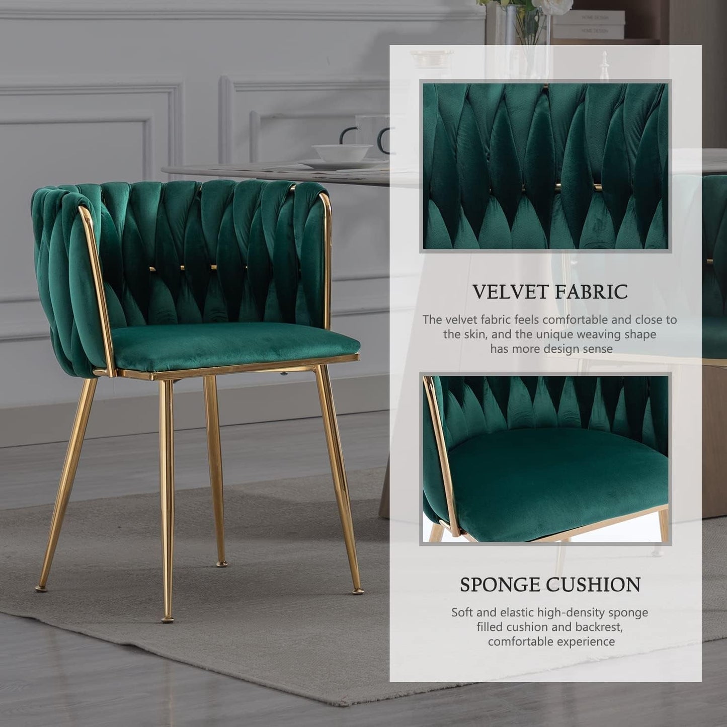 Velvet Dining Chairs Set of 4, Modern Dining Chair with Gold Metal Legs, Luxury Tufted Dining Chairs for Living Room, Bedroom, Kitchen (Green)-3