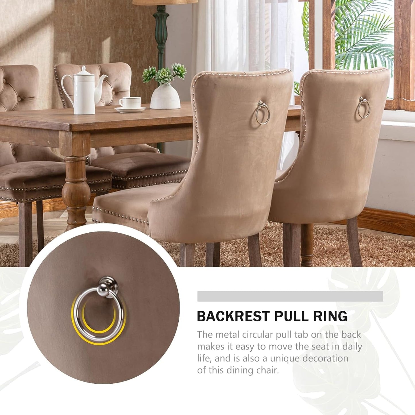 Velvet Dining Chairs Set of 4,Upholstered Dining Chairs with Ring Pull Trim and Button Back,Modern Seating for Kitchen, Bedroom & Living Room(Khaki)-4