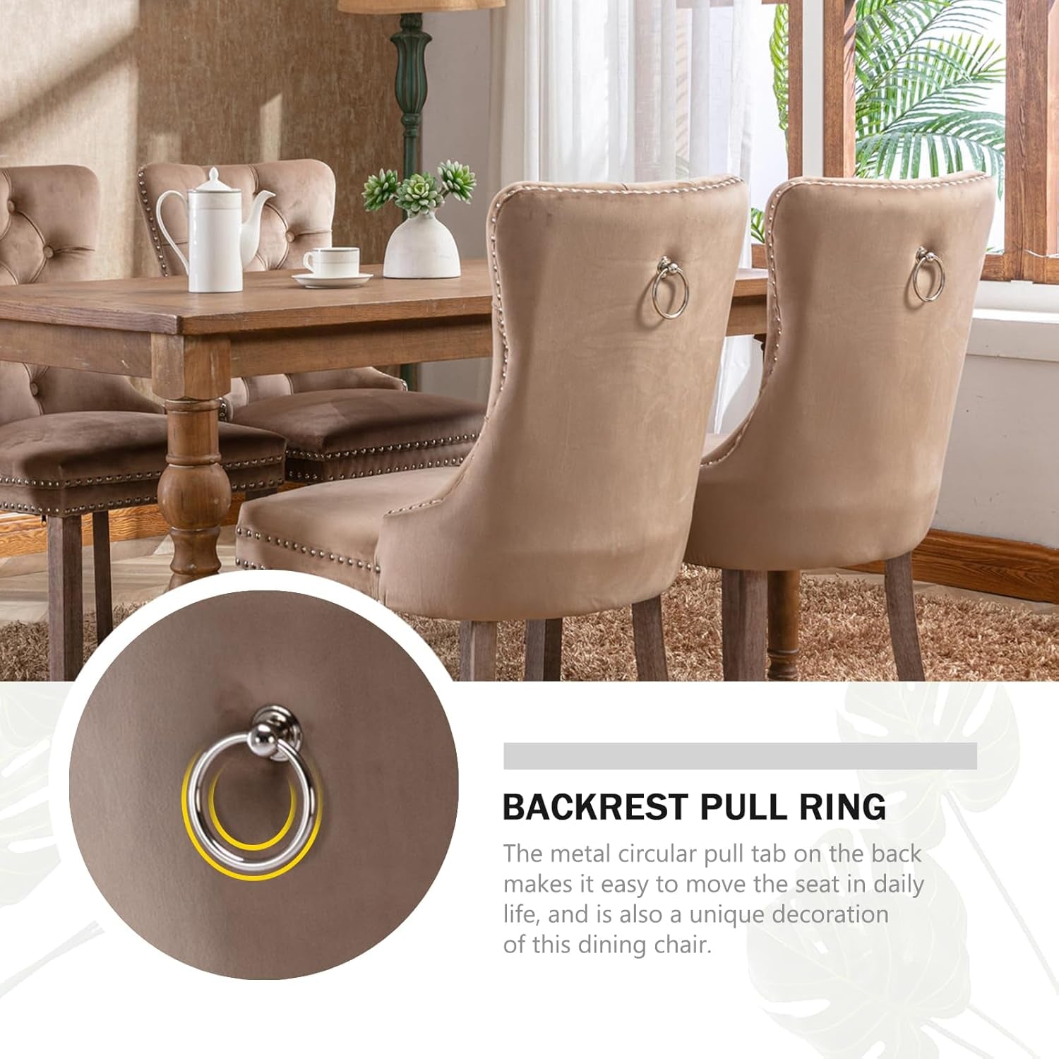 Velvet Dining Chairs Set of 4,Upholstered Dining Chairs with Ring Pull Trim and Button Back,Modern Seating for Kitchen, Bedroom & Living Room(Khaki)-4