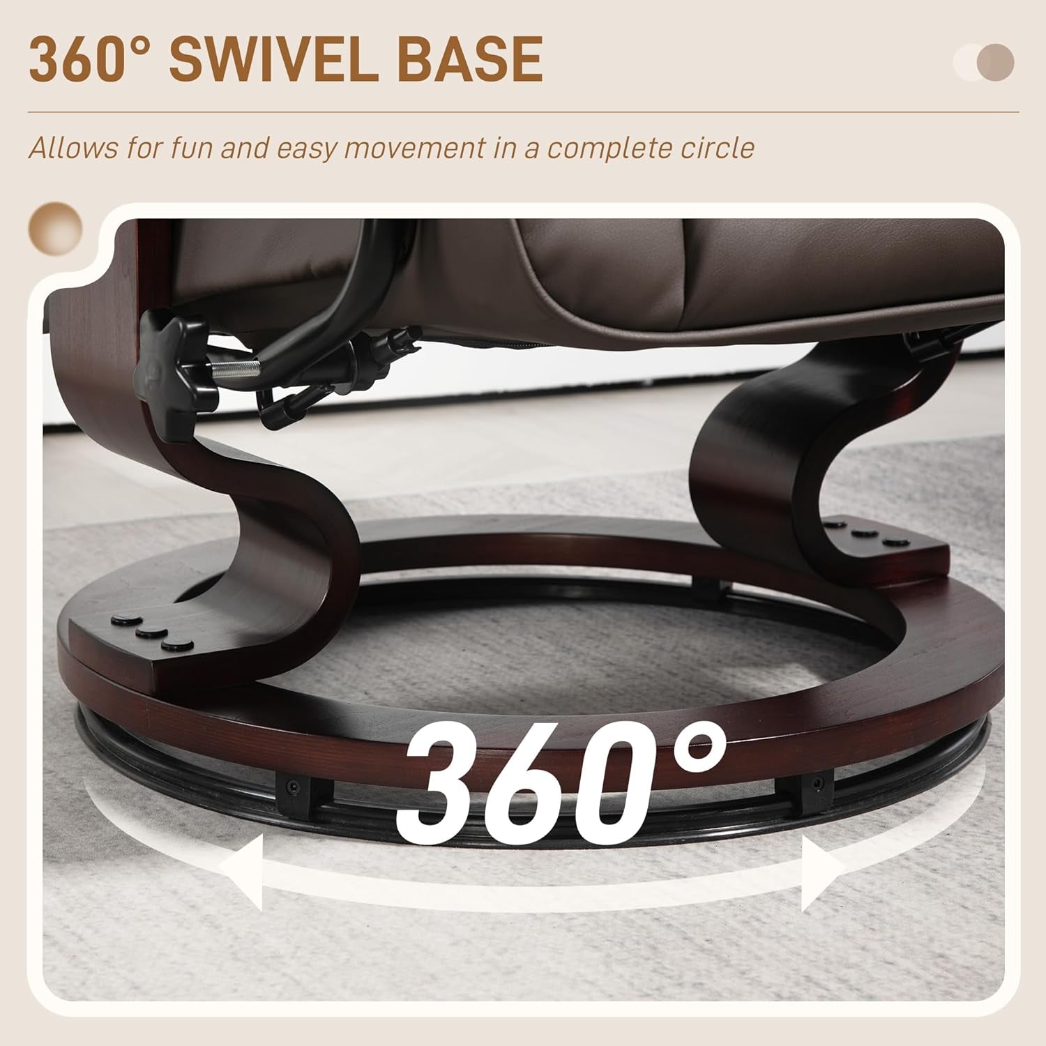 Faux Leather Reclining Chair, Swivel Ottoman Chair, Recliner with Ottoman with High Back and Wood Frame for Living Room, Brown-4