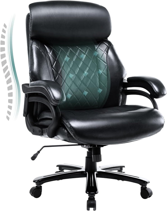 Big and Tall Office Chair 400Lbs-Heavy Duty Executive Desk Chair with Extra Wide Seat, High Back Ergonomic Leather Computer Chair with Tilt Rock&Tension, Padded Armrests-Black-0