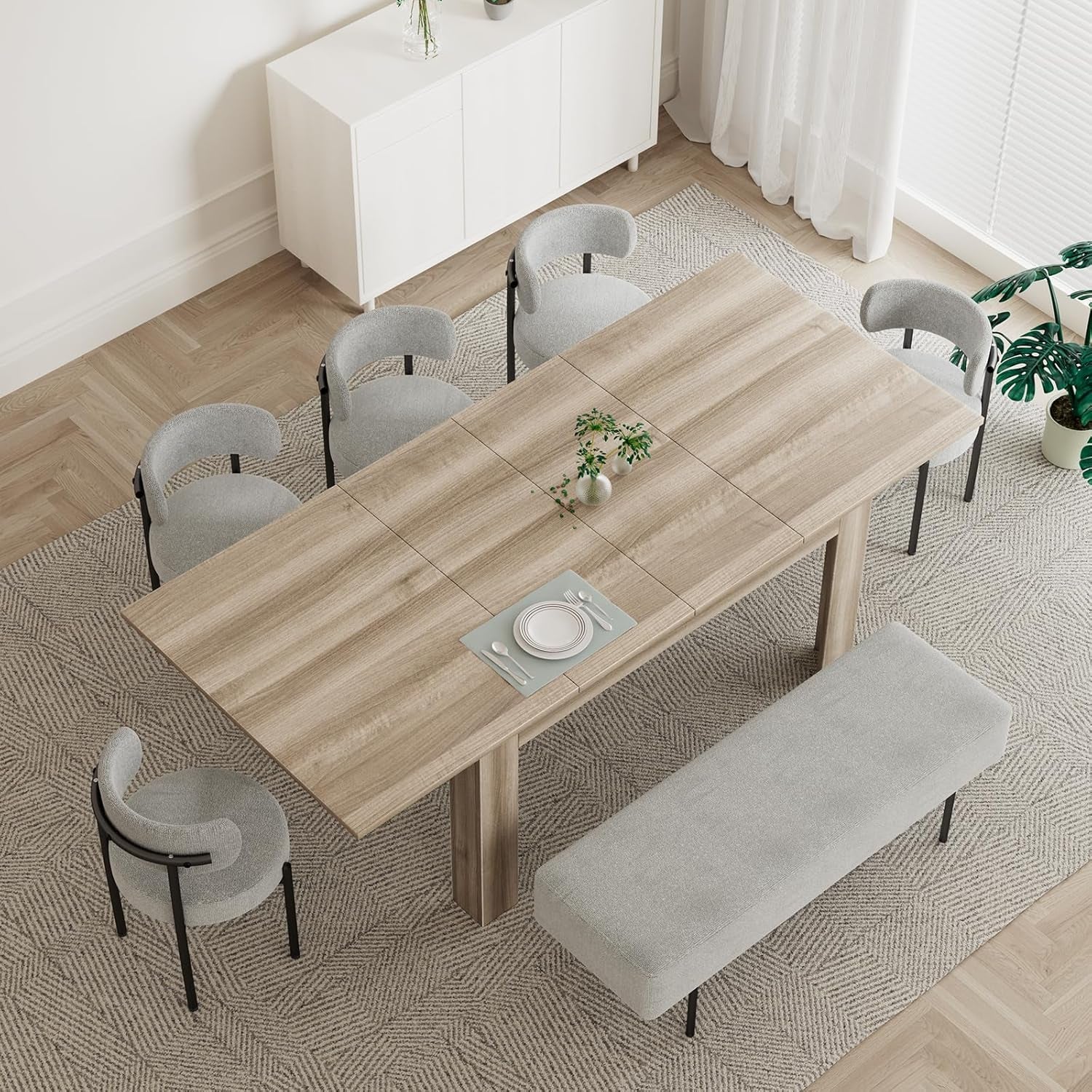 Extendable Dining Room Table for 6-10 Person, Plank and Beam Farmhouse Large Rectangular Kitchen Tables for Living Meeting Room, Oak-0