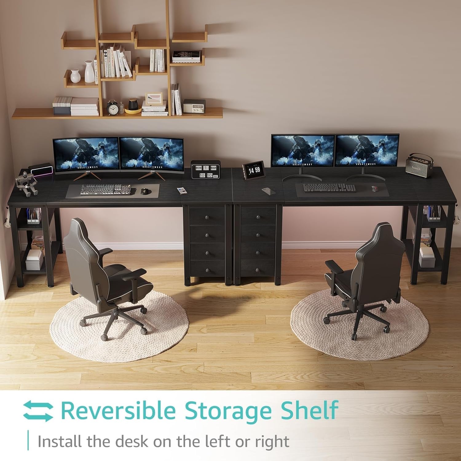 Gaming Desk with 4 Fabric Drawers & Storage Shelves, 55 Inch Computer Writing Work Study Desk for Home Office Bedroom, Modern Simple Student PC Desks Table, Black-3