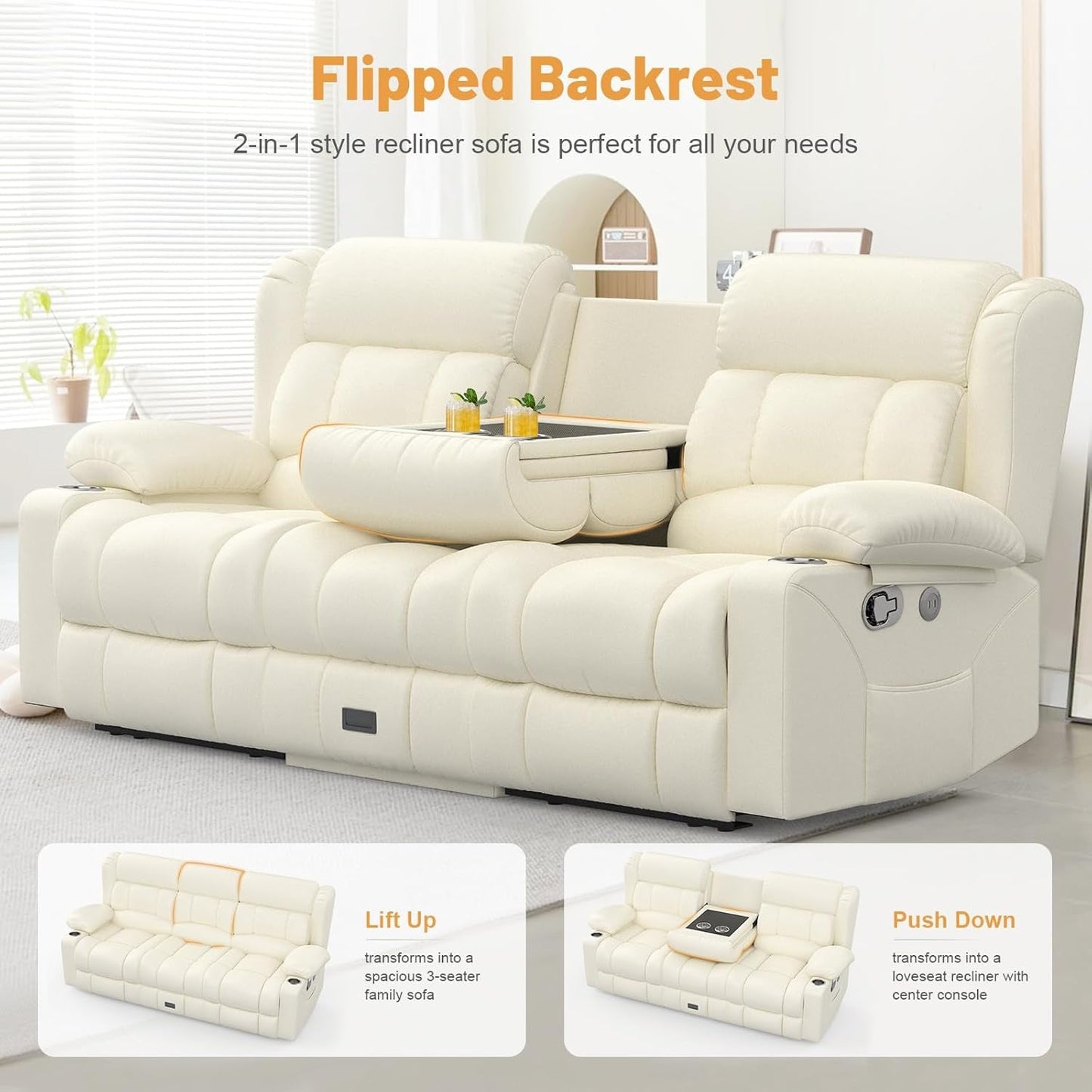 Loveseat Recliner Sofa, Flip Middle Backrest Design PU Leather 3 Seat Reclining Sofa with Storage Drawer, Manual Couch for Living Room (Ivory White, PU)-3