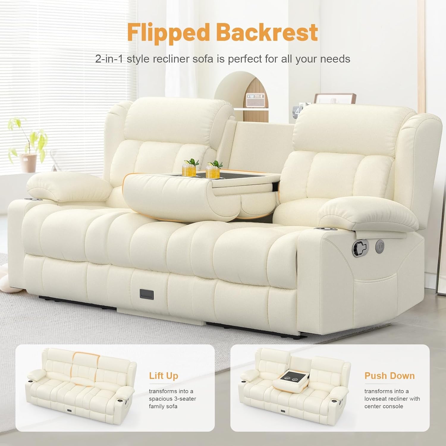 Loveseat Recliner Sofa, Flip Middle Backrest Design PU Leather 3 Seat Reclining Sofa with Storage Drawer, Manual Couch for Living Room (Ivory White, PU)-3