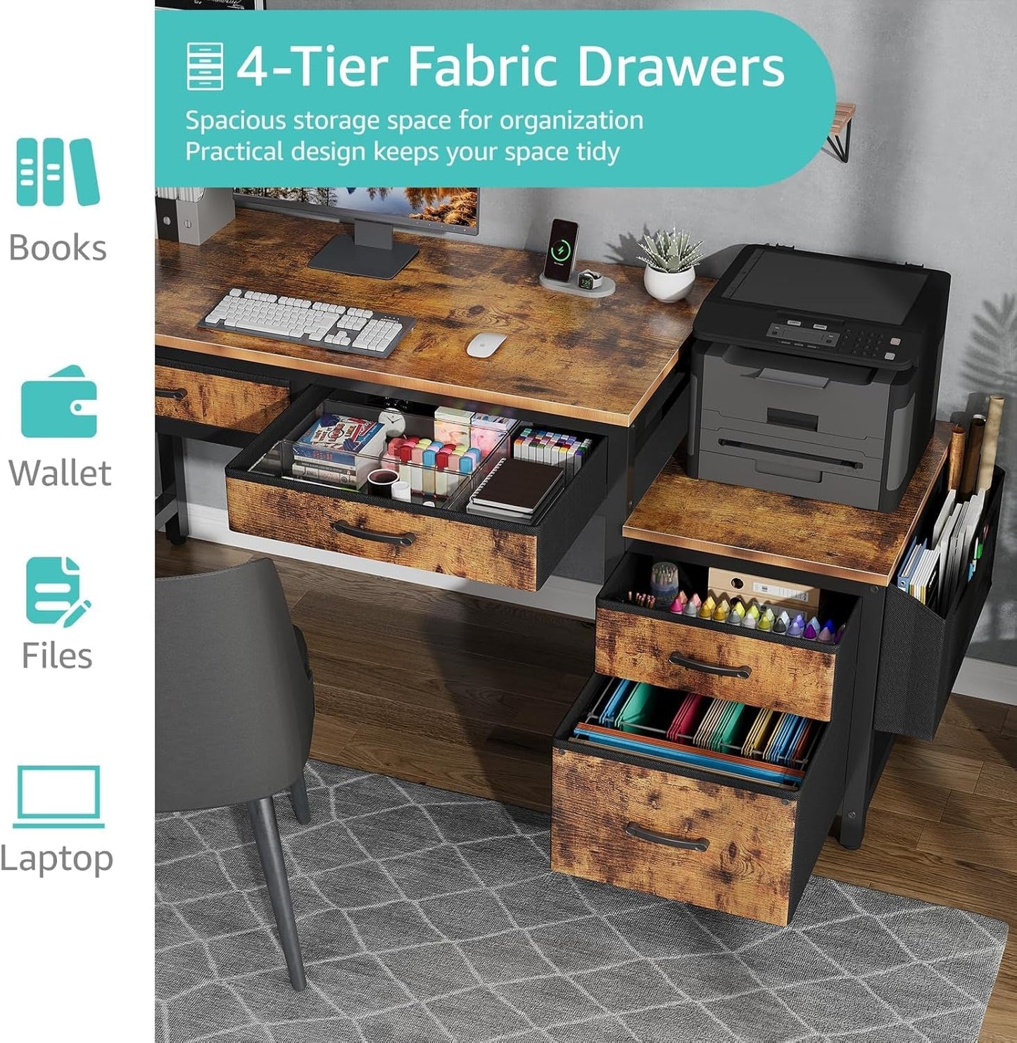 Computer Desk with Fabric File Drawers Cabinet, 57 Inch Home Office Desks with Filing Cabinet Printer Stand for Small Space, Study Writing Table PC Desks for Bedroom, Brown-4