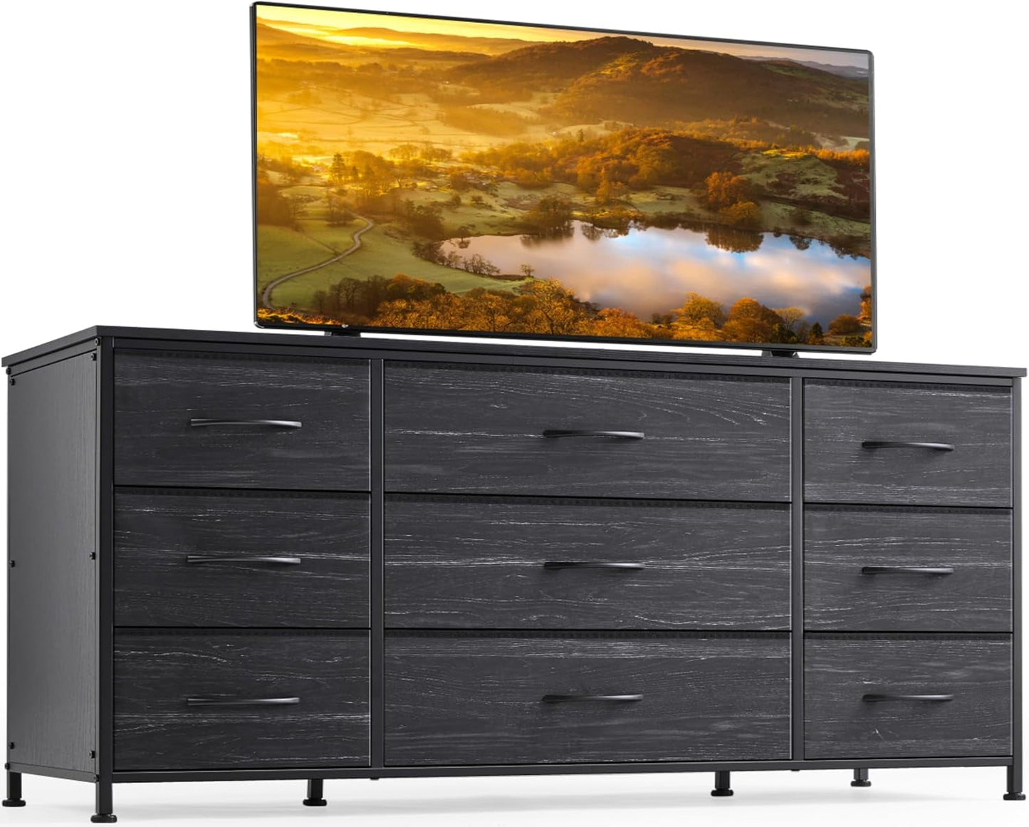 Dresser, Dresser for Bedroom with 9 Drawers, Wide Dresser TV Stand for 55” TV Stand for Bedroom Dresser Long Dressers & Chests of Drawers, Metal Frame&Wood Top, Closet, Hallway, Charcoal Black-0