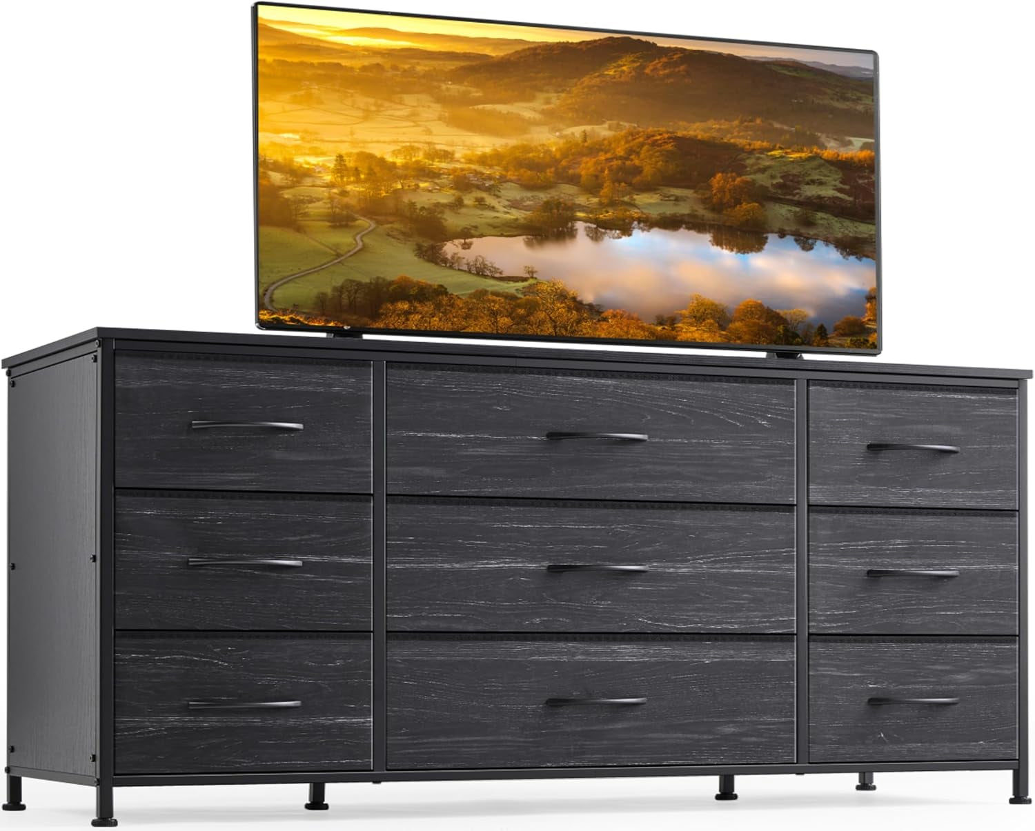 Dresser, Dresser for Bedroom with 9 Drawers, Wide Dresser TV Stand for 55” TV Stand for Bedroom Dresser Long Dressers & Chests of Drawers, Metal Frame&Wood Top, Closet, Hallway, Charcoal Black-0