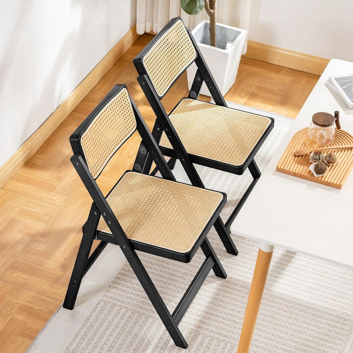 Rattan Folding Chairs, Modern Mid Century Dining Chairs Set of 2, Outdoor Bamboo Chairs for Bedroom Living Room Reading Room Dining Kitchen, Black-3