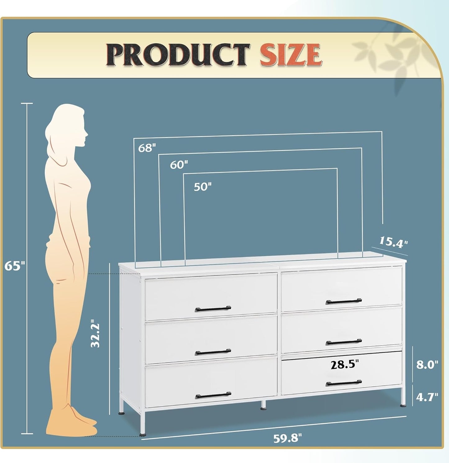 Wide Fabric Dresser, 6 Drawer Dresser TV Stand for 68" TV, Dressers Bedroom Furniture Large Storage Tower Unit with Fabric Bins, White Dresser for Bedroom, Closet, Hallway, White-2