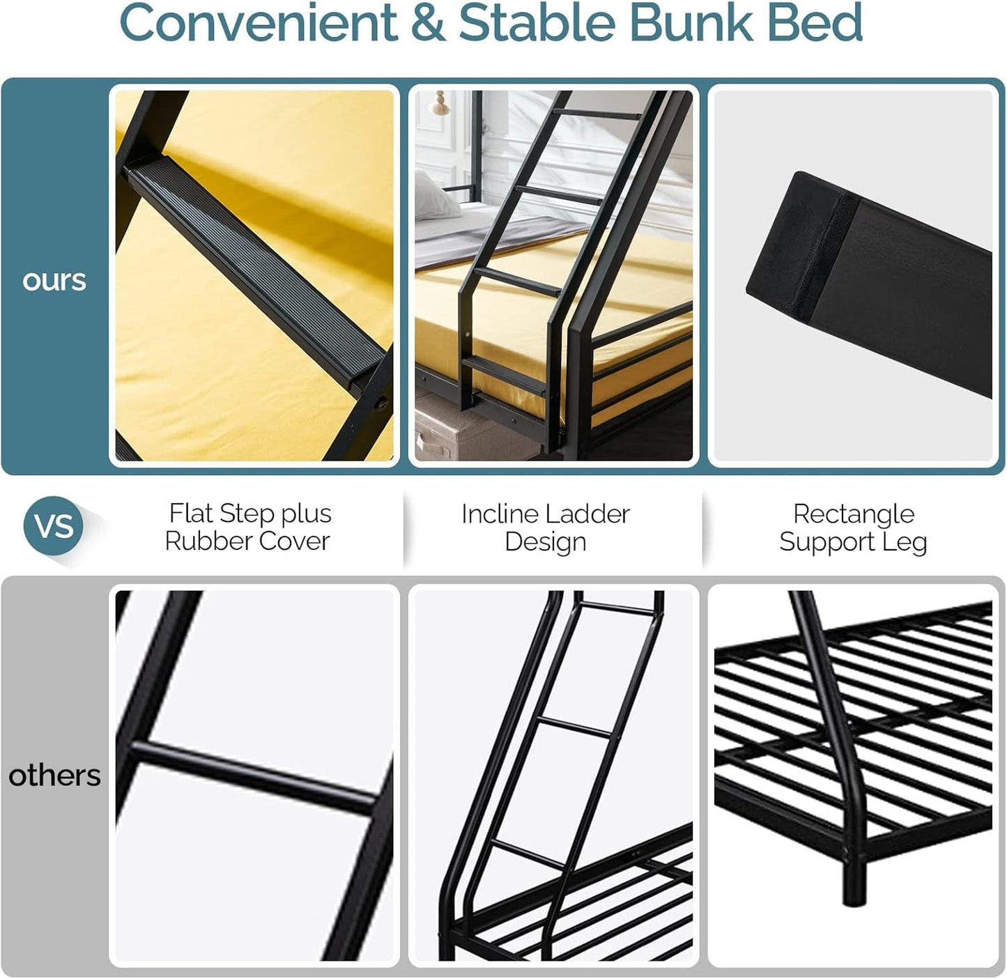 Bunk Beds Twin over Full Size for Kids Teens Adults/Flat Steps/Heavy Duty Metal Slat, Black-3