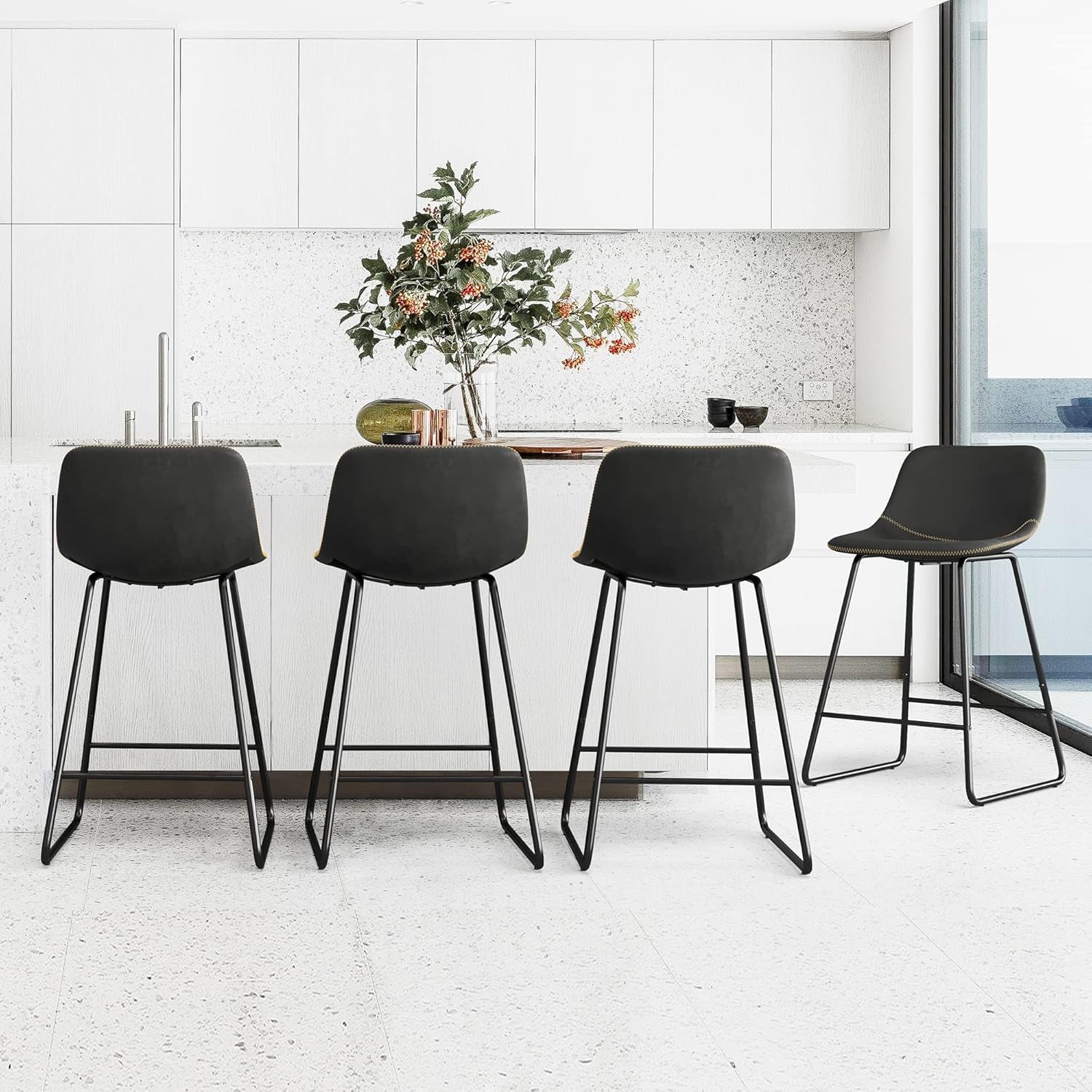 Bar Stools Set of 3, 24" ALX Faux Leather Barstools, Modern Counter Height Stools with Back and Metal Legs, Armless Counter Chairs for Kitchen Island, Black-0