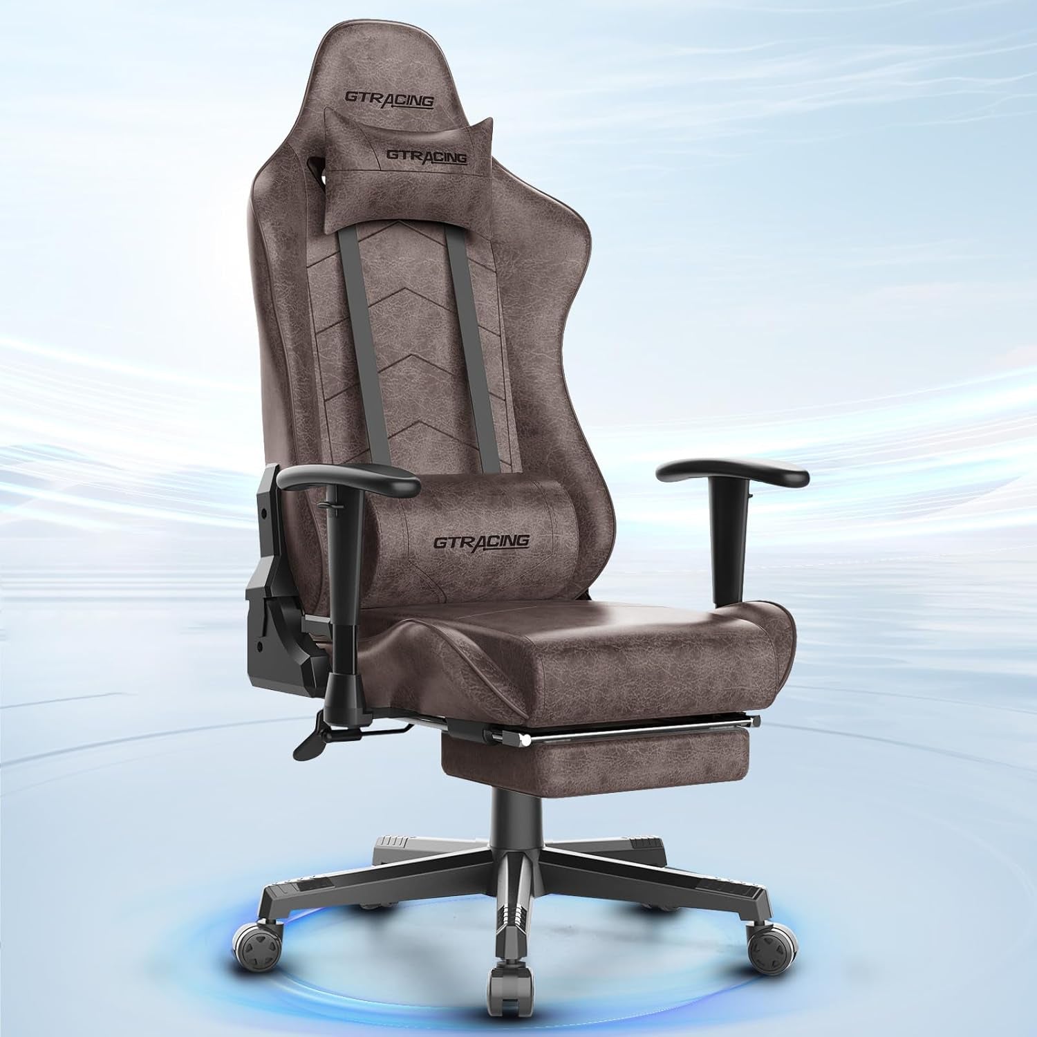 Gaming Chair with Footrest, Racing Style Computer Chair for Adult, Adjustable Reclining Backrest and Lumbar Support, Stylish High Back Chair for Gaming and Office (Brown)-0