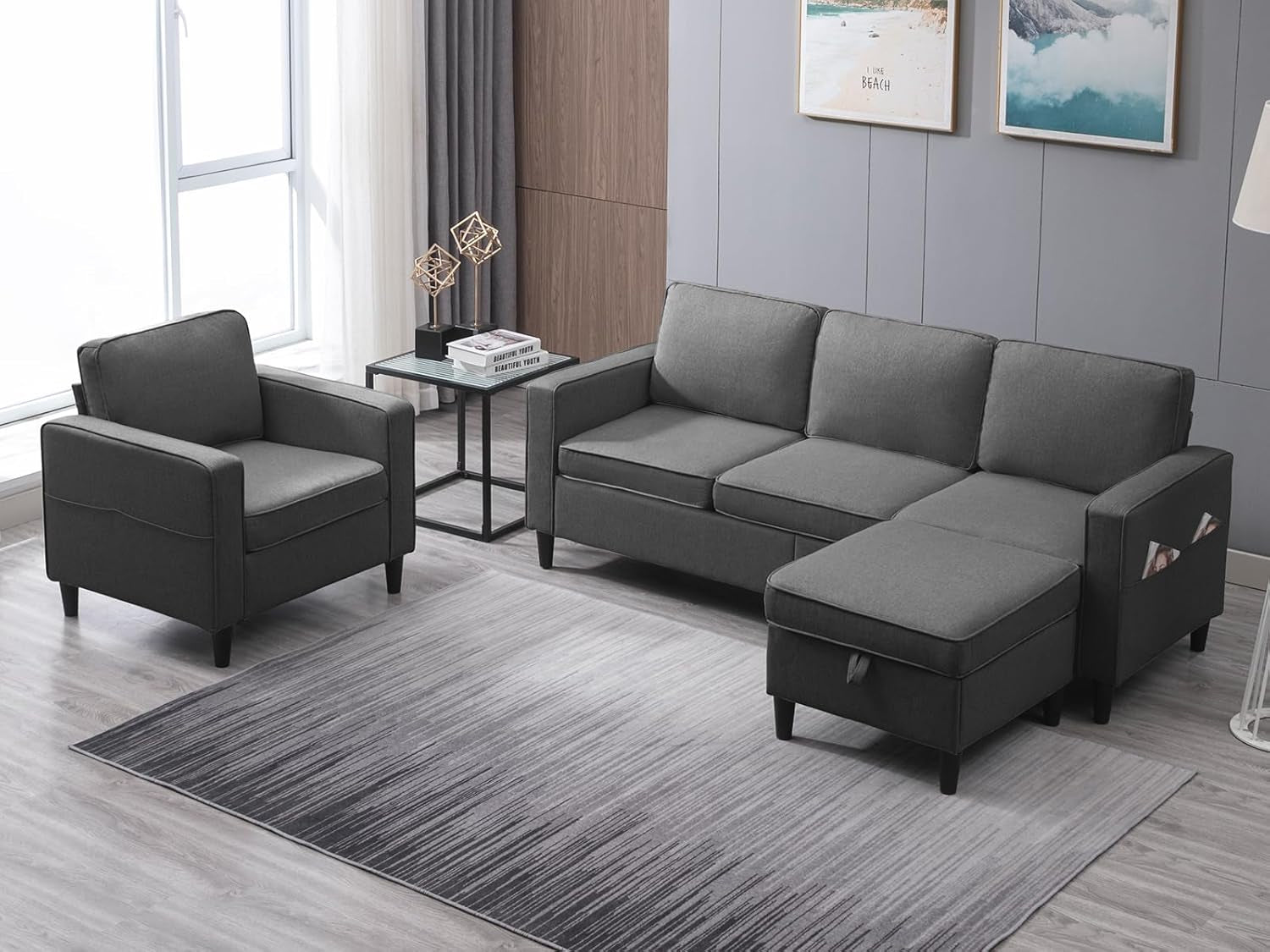 78" W Sectional Couches for Living Room, Linen L-Shaped Sofa with Storage Ottoman and Armchair, 3 Seater Sofa with Ottoman and Accent Chair Couch Furniture Set for Office/Apartment-0