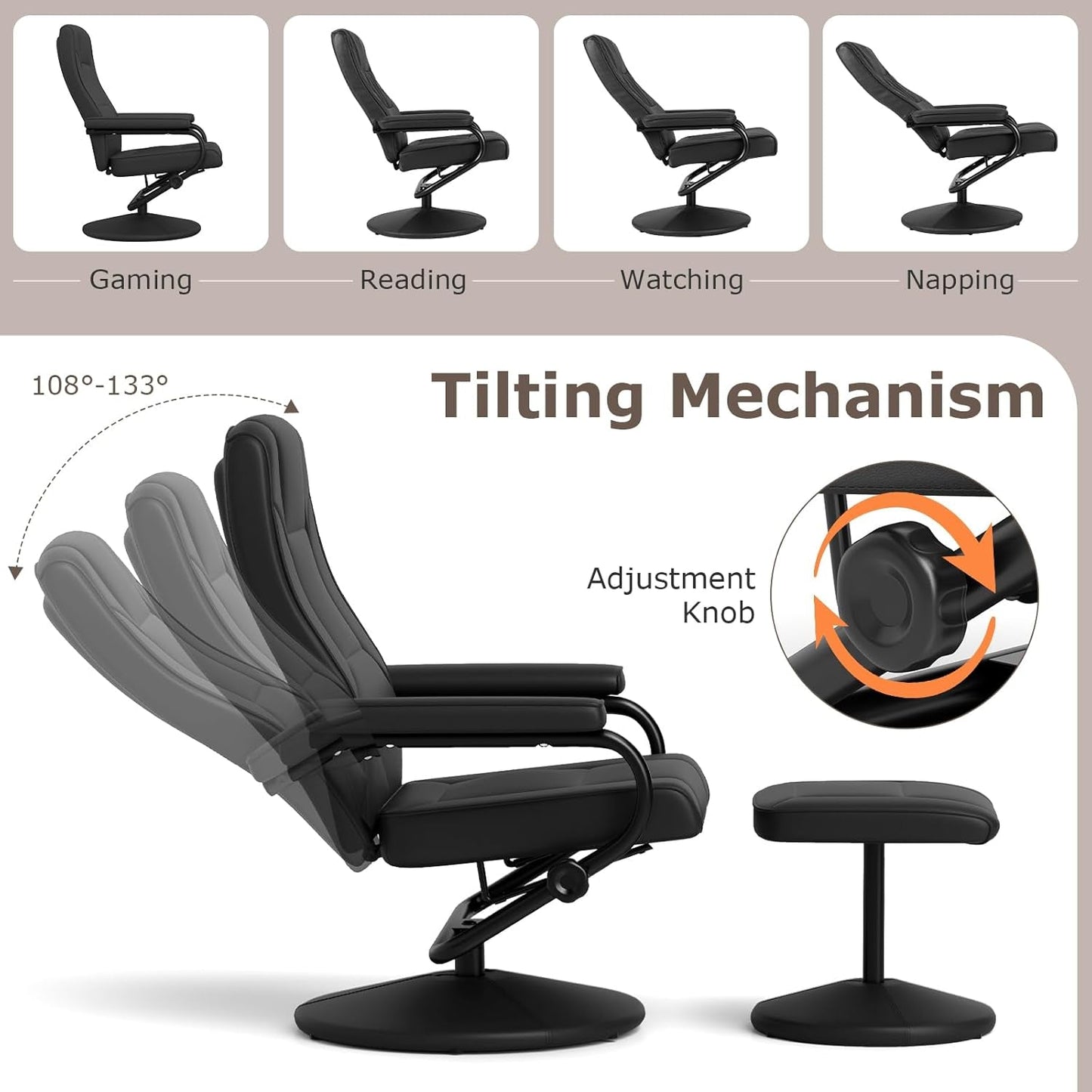 Recliner Chair with Ottoman, 360° Swivel Faux Leather Reclining Chair W/Adjustable Backrest, Footrest, Sturdy Metal Base, Upholstered Armchair for Living Room Bedroom Study, Office, Black-2