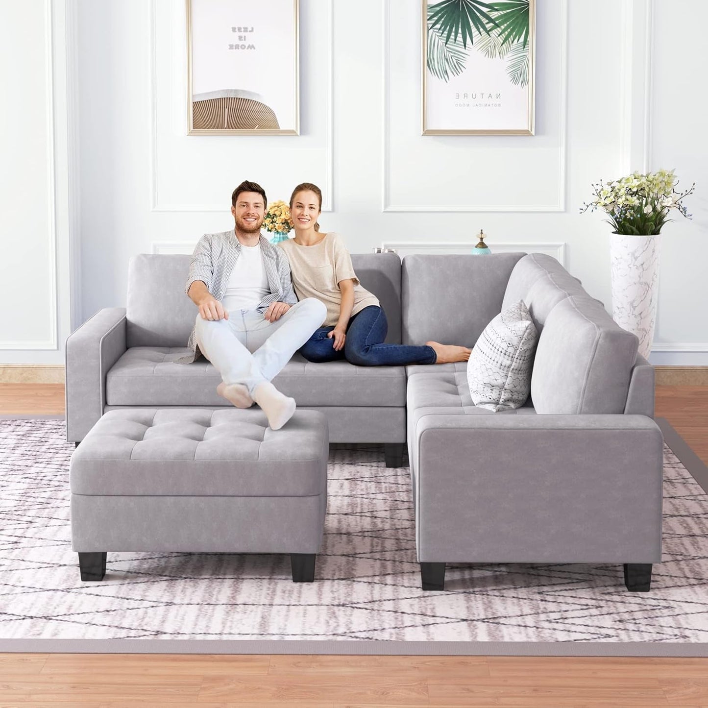 Sectional Sofas 3-Seat Sofa Sectional Sofa Couches with Reversible Chaise Storage Ottoman and 2 Cup Holders, Sofa Lounge and Ottoman for Living Room Furniture-3
