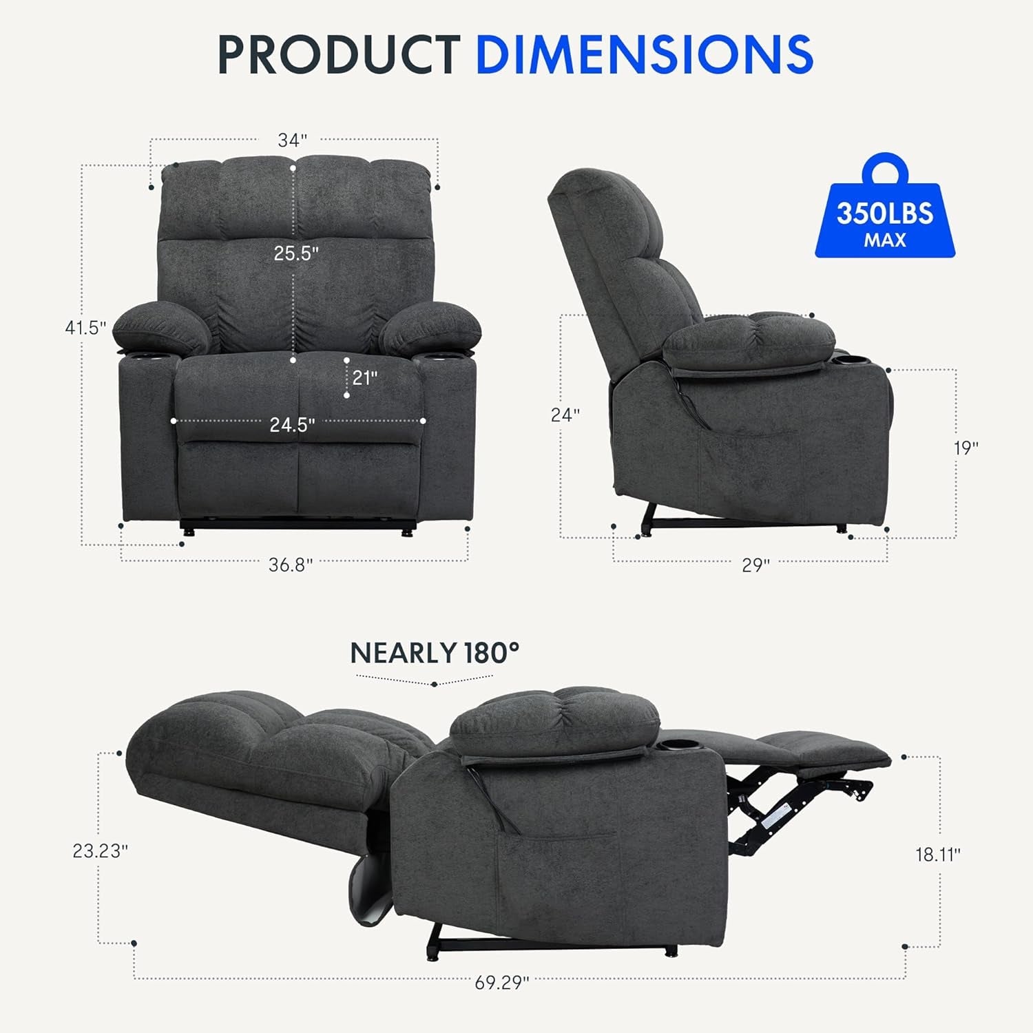 XL5 Dual OKIN Motor Power Lift Recliner Chair for Elderly, Electric Lay Flat Recliner W/Massage, Lumbar Heat, USB Port, Side Pockets, Recliner Sofa for Living Room Bedroom, Grey-1