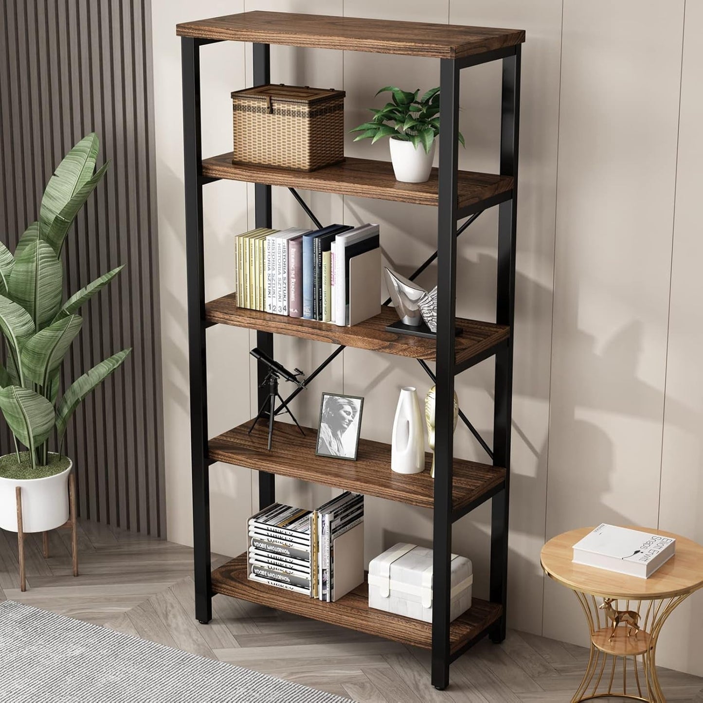5 Tier Industrial Solid Wood Bookshelf, Open Etagere Bookcase with Metal Frame, Vintage Industrial Style Bookcase/Metal and Wood Bookshelf Furniture (Ay01-5Tier)-3