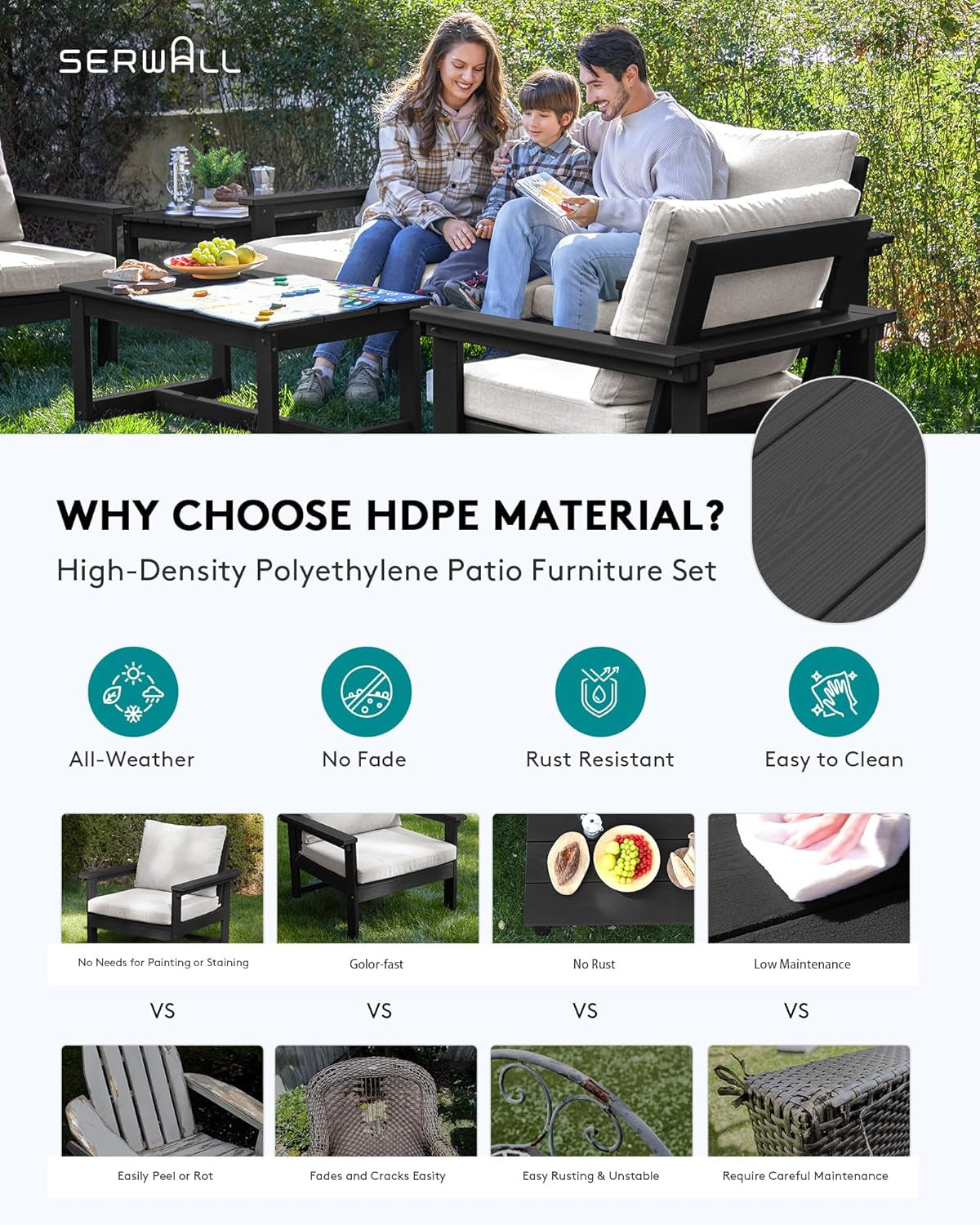 HDPE Outdoor Patio Furniture Set, 7-Piece Outdoor Sectional Patio Conversation Set, All Weather Outdoor Couch Set Patio Sofa Set for Deck, Lawn, Black Frame with Khaki Cushion-2