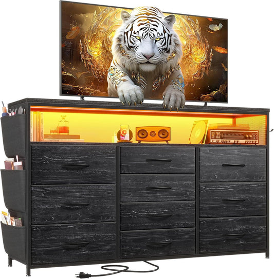 Dresser TV Stand with 10 Drawers for 55" TV Stand for Bedroom with LED Lights & Power Outlets Wide Dresser for Bedroom with Shelves & Side Pockets Sturdy Metal Frame & Wood Top, Charcoal Black-0