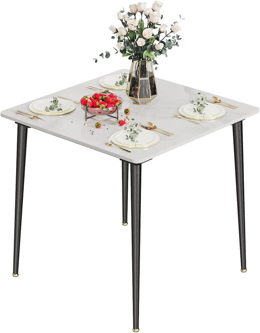 Sintered Stone Dining Table: 32 Inch Square White Kitchen Breakfast Table with Black Metal Legs - 30 Inch High Restaurant Table for 4-0