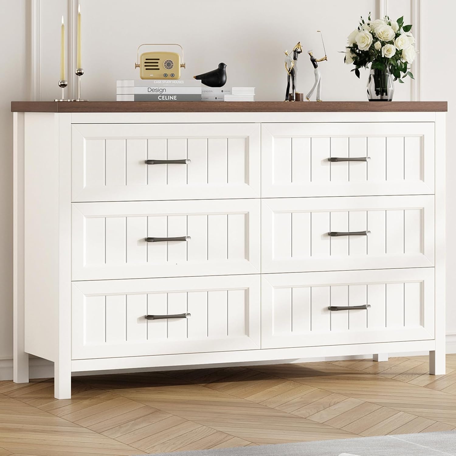 Farmhouse Dresser 6 Drawer Dresser for Bedroom, Large Wooden Dressers Double Grey Dresser with Deep Drawers Dressers for Hallway, Entryway (White and Brown)-1