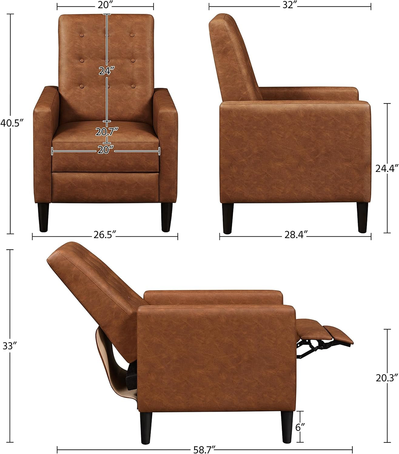 Faux Leather Recliner Sofa Mid-Century Modern Single Reclining Chair Adjustable Back & Footrest Tufted Upholstered Sofa with Pocket Spring Living Room Bedroom Home Theater Brown-2