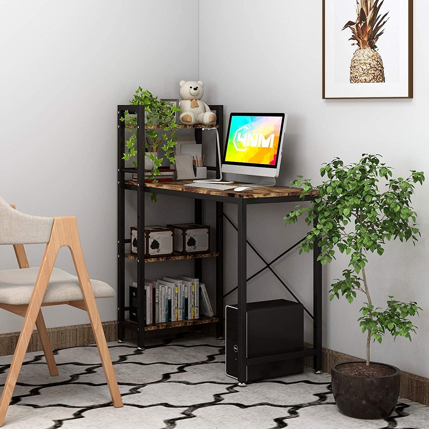 Small Rustic Desk with 4-Tier Bookshelf-3