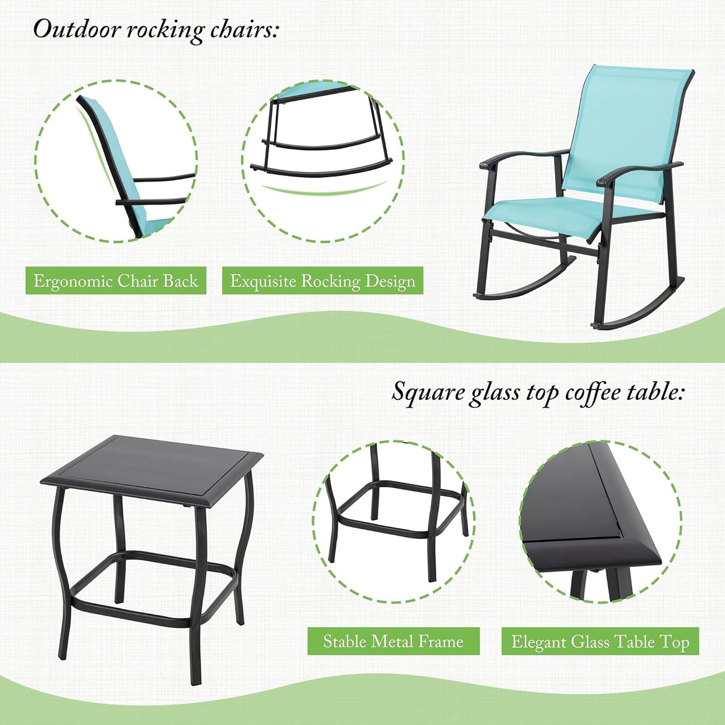 3 Piece Rocking Bistro Set, Outdoor Furniture with Rocker Chairs and Glass Coffee Table Set of 3, Balcony, Porch Furniture for Small Space, Blue-4