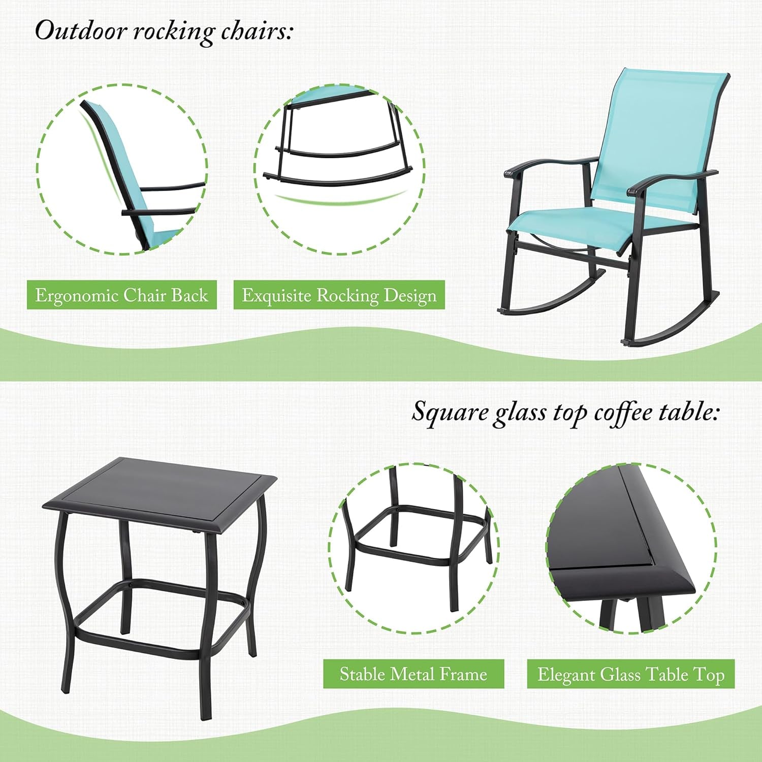 3 Piece Rocking Bistro Set, Outdoor Furniture with Rocker Chairs and Glass Coffee Table Set of 3, Balcony, Porch Furniture for Small Space, Blue-4