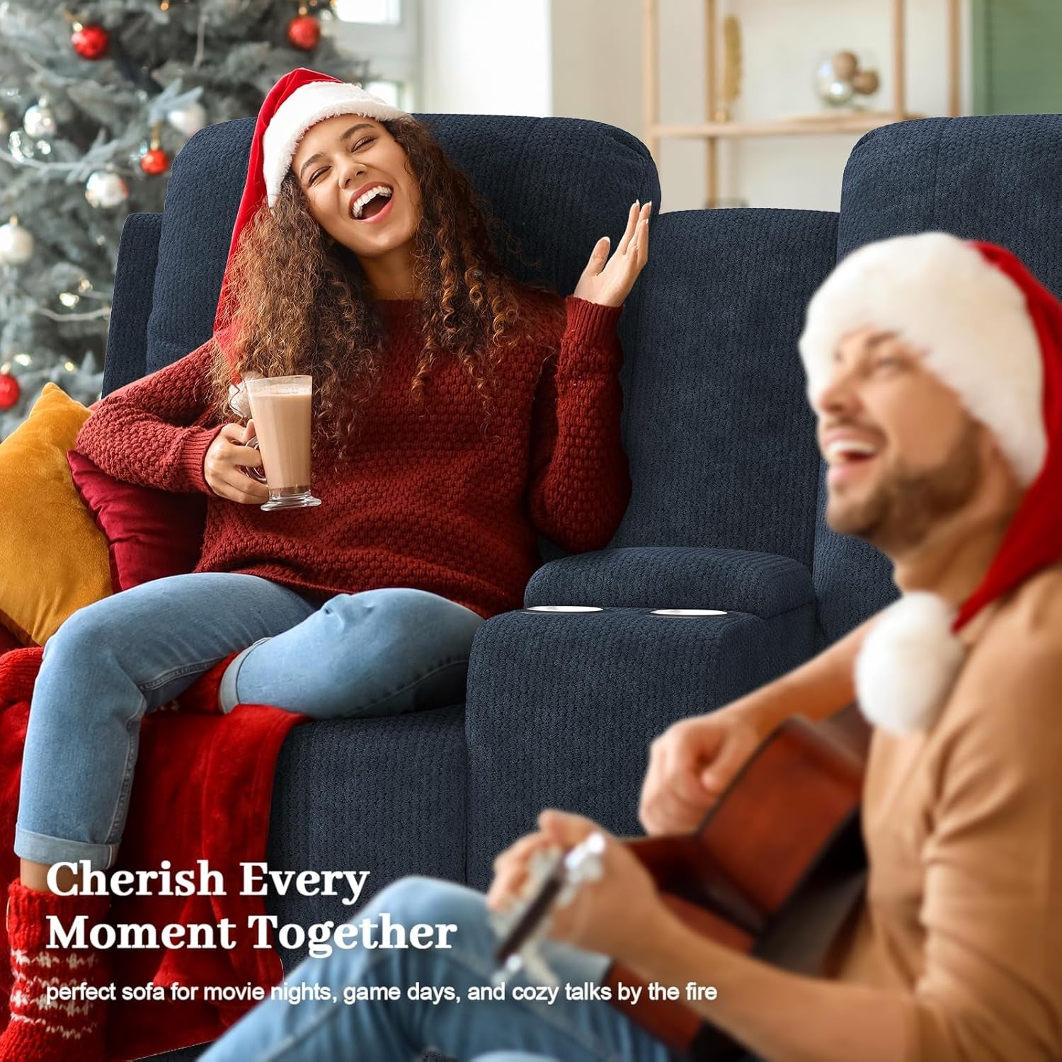 Fabric Loveseat Recliner, Reclining Loveseat Sofa with Storage Console, Recliner Chair with USB Ports, 2 Cell Phone Holders, Cup Holder, Loveseat Couch for Living Room (Navy Blue)-2