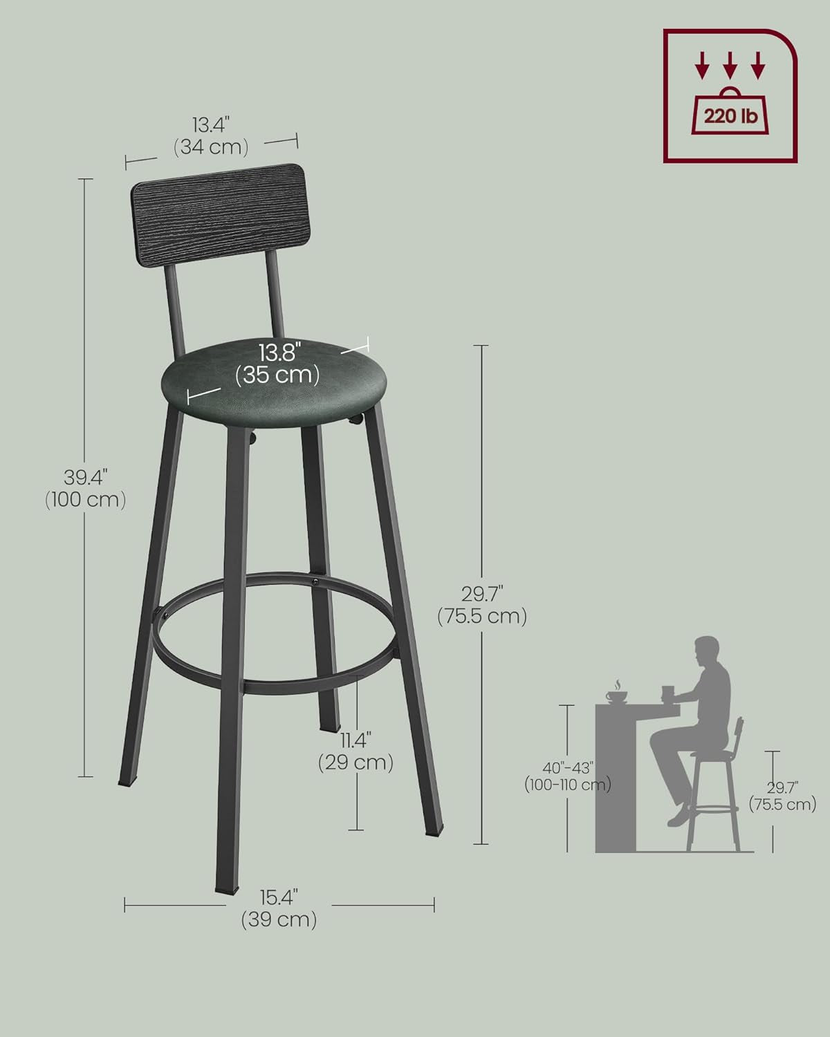 Bar Stools, Set of 2 PU Upholstered Breakfast Stools, 29.7-Inch Barstools with Back and Footrest, Simple Assembly, for Dining Room Kitchen Counter, Classic Black and Forest Green ULBC069C01-2