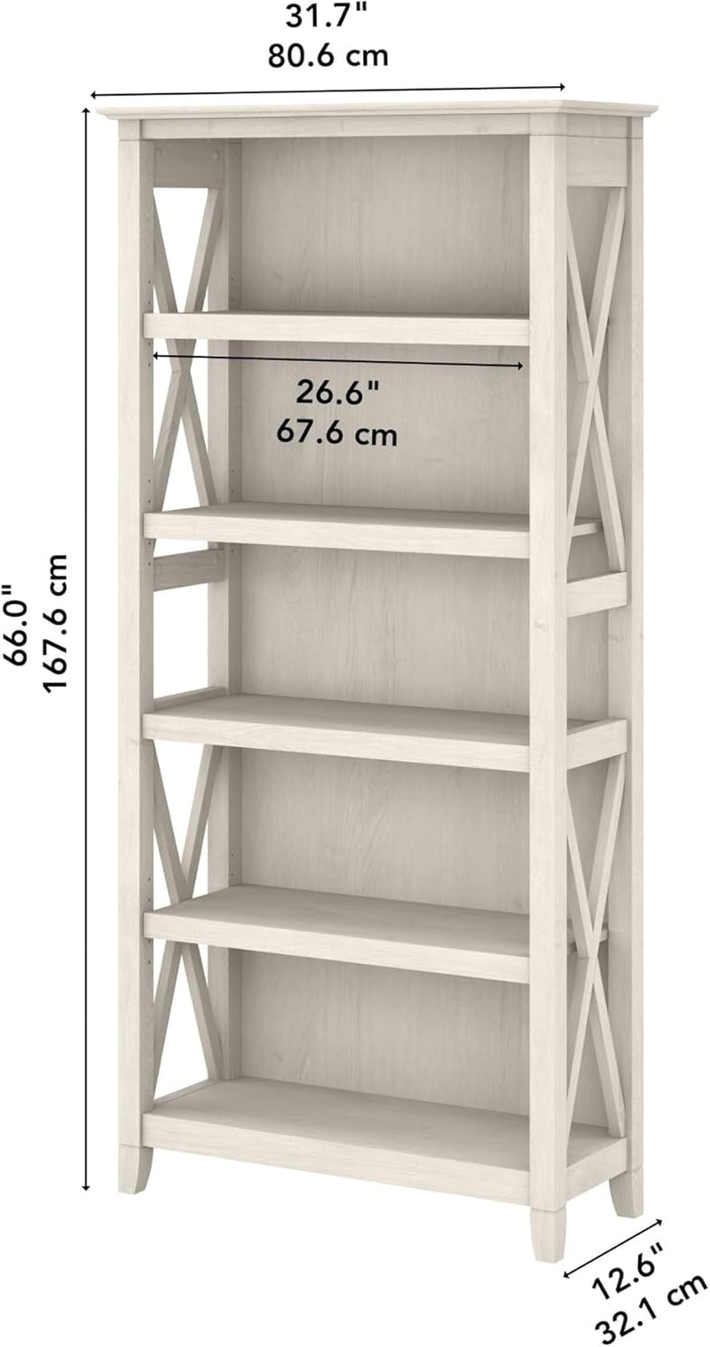 Bush Furniture Tall 5 Shelf Bookcase for Living Room or Home Office, Large Bookshelf, Modern Farmhouse Style, Key West Collection, Linen White Oak-2