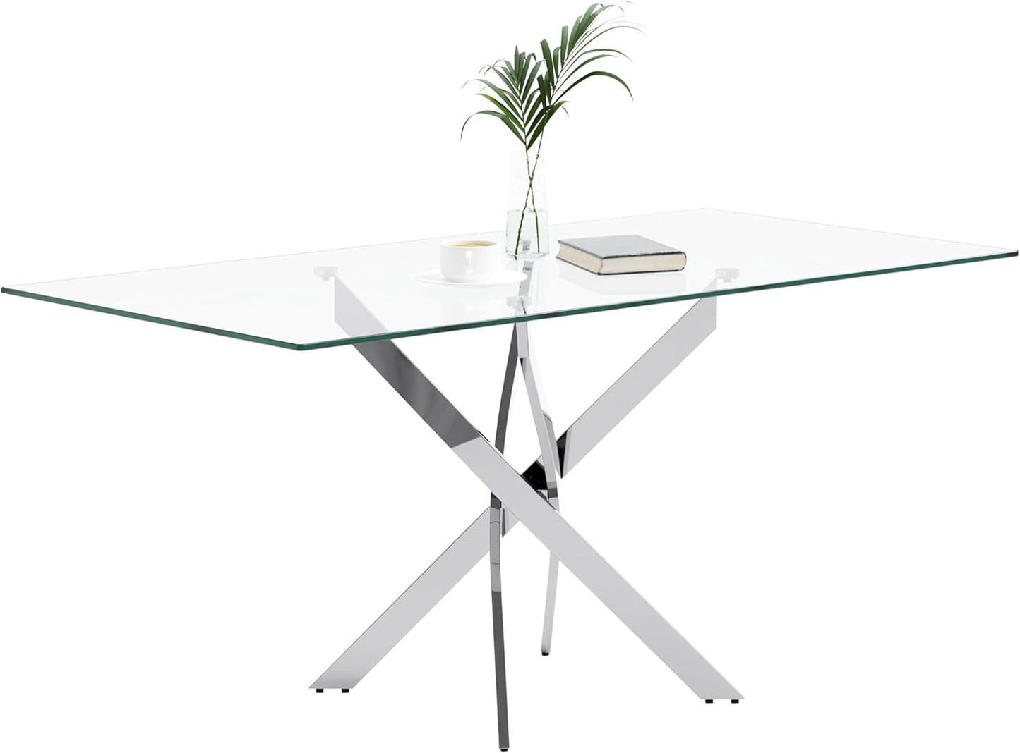 Tempered Glass Dining Table with Chromed Legs, 47In Rectangular Kitchen Table for Kitchen Dining Room Home Office (47.24 * 27.55, White/Silver)-0
