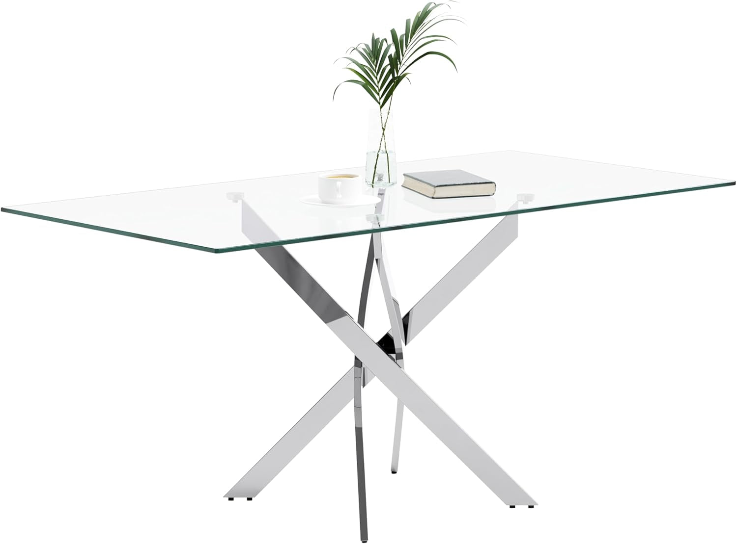 Tempered Glass Dining Table with Chromed Legs, 47In Rectangular Kitchen Table for Kitchen Dining Room Home Office (47.24 * 27.55, White/Silver)-0
