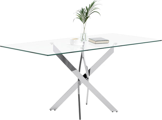Tempered Glass Dining Table with Chromed Legs, 47In Rectangular Kitchen Table for Kitchen Dining Room Home Office (47.24 * 27.55, White/Silver)-0