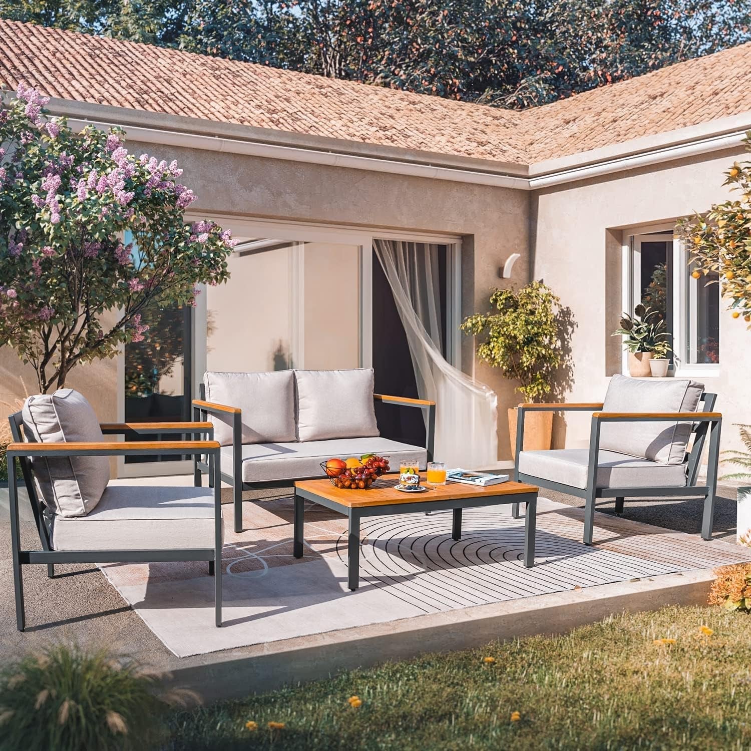 Patio Furniture 4 Pieces, Outdoor Conversation Set with Acacia and Metal Coffee Table, Loveseat and 2 Single Chairs, for Yard, Garden, Porch, Beige-2