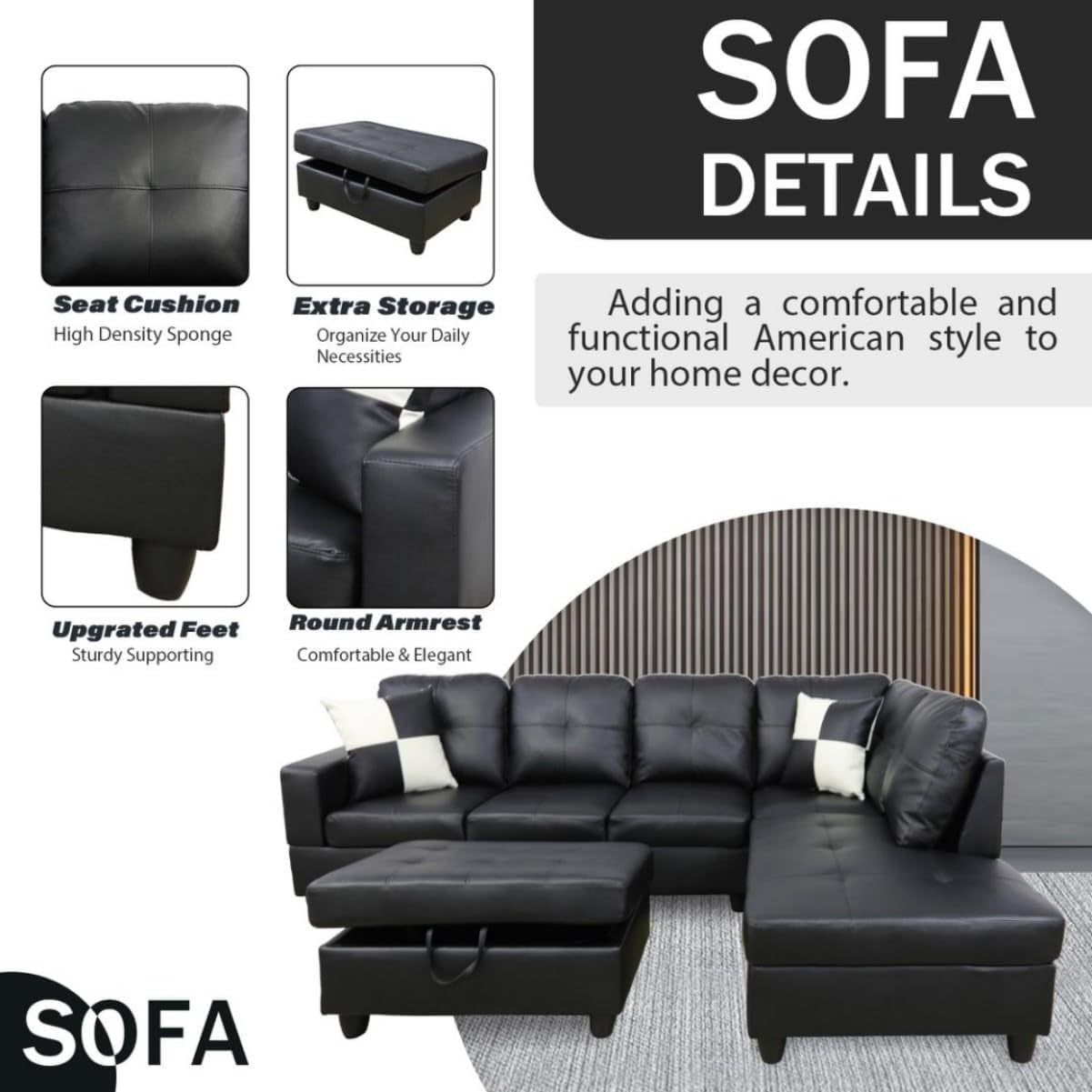 Black L-Shaped 3-Piece Faux Leather Sofa with Storage Ottoman Set, Sectional Couch Leather-Like Sofa Set for Living Room, Office, Small Space-3