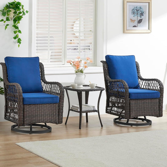 3 Piece Outdoor Patio Set, Wicker Rocking Bistro Set with 2 Swivel Chairs & Tempered Glass Top Table, Rattan Outdoor Furniture with Cushions for Patio Porch Backyard-1