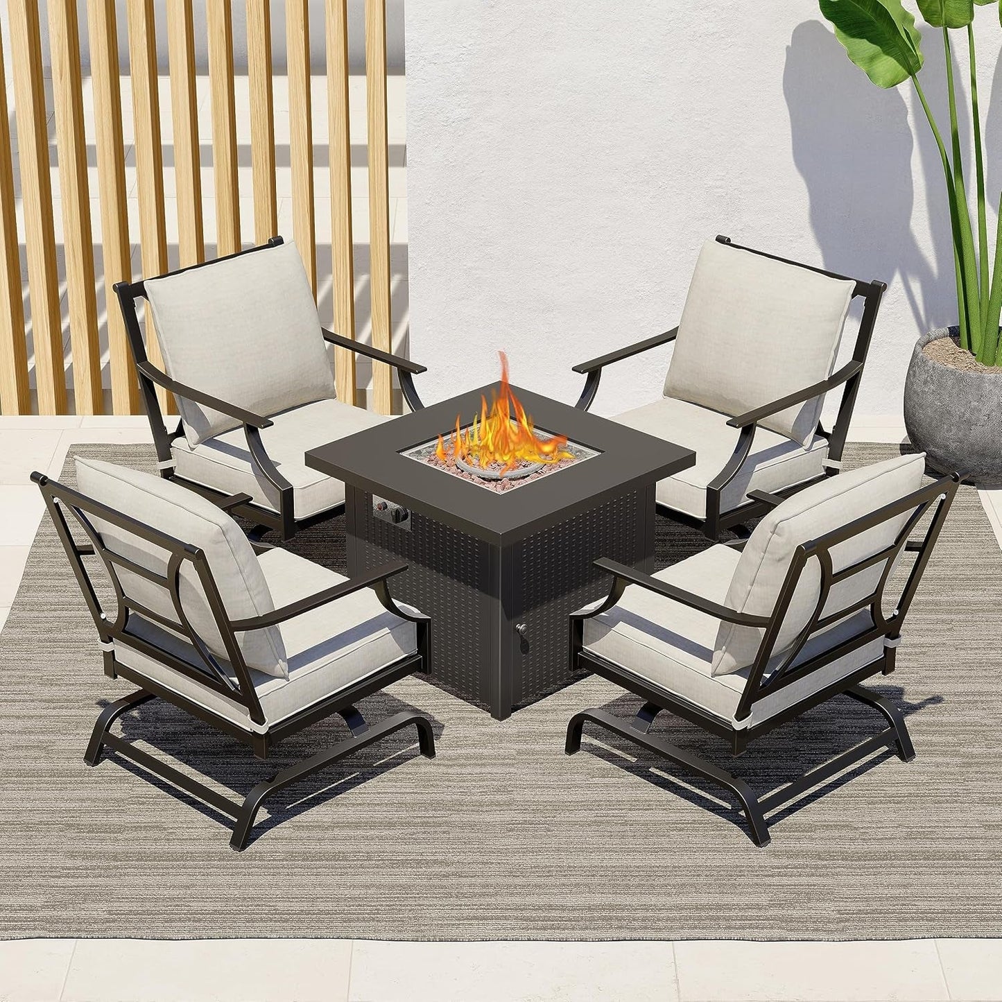 5-Piece Patio Furniture Sets with 30 Inch CSA Approved 50,000 BTU Square Propane Fire Pit Table,4 Rocking Frame Chairs with Gray Cushions-0
